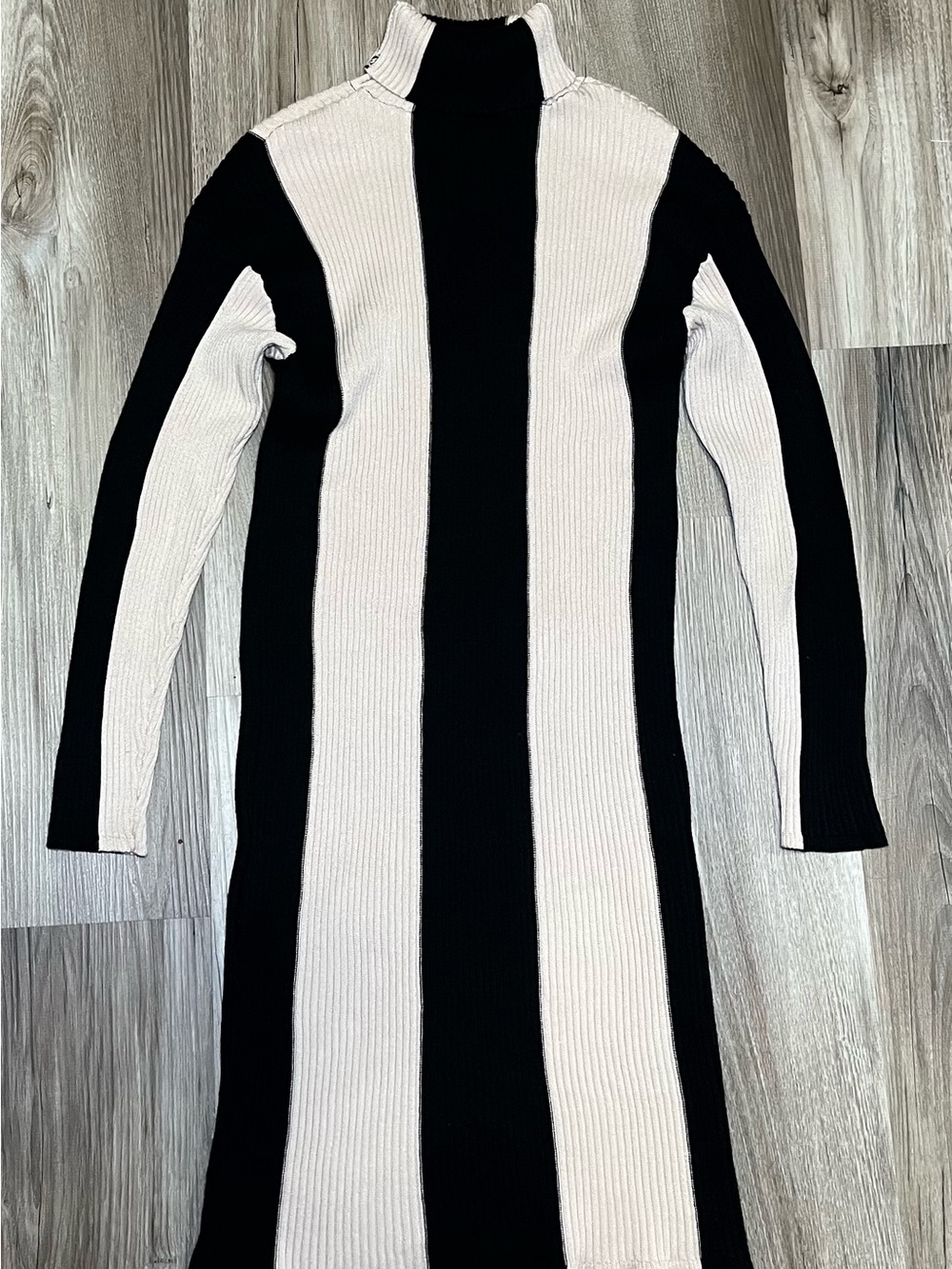 Taylor Black & Cream Striped Turtleneck Midi Dress